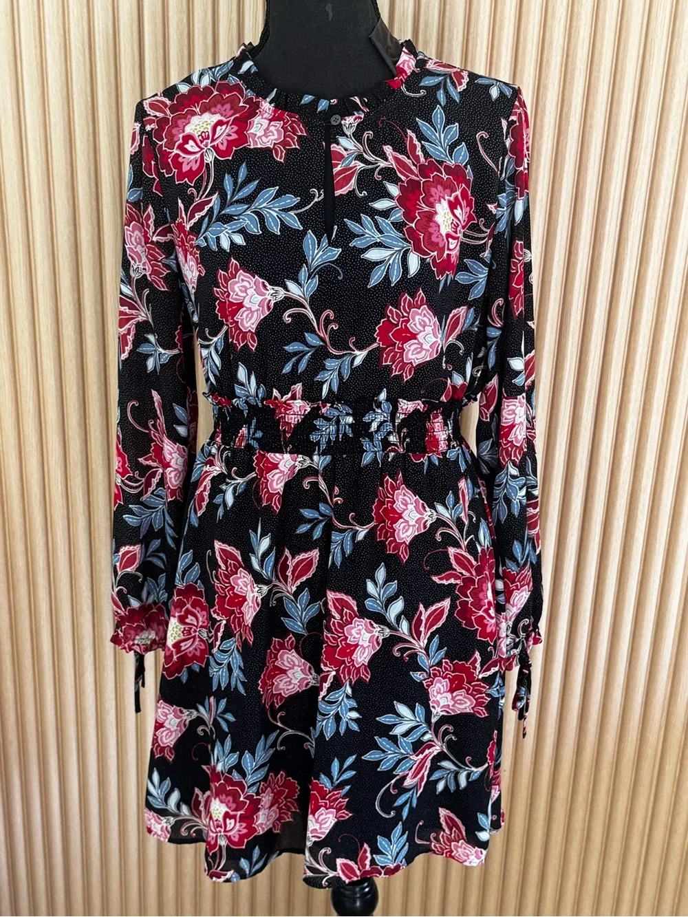 LOFT Long-Sleeve Floral Fit-and-Flare Dress with Red & Pink Blooms Size 4_5